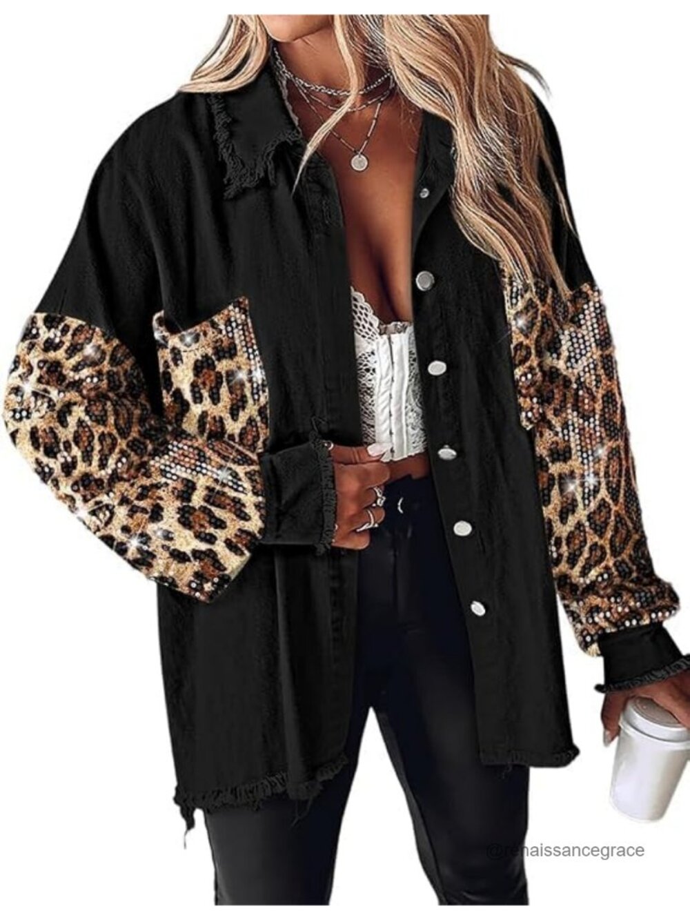 Oversized sequin patchwork denim shacket, boyfriend fit